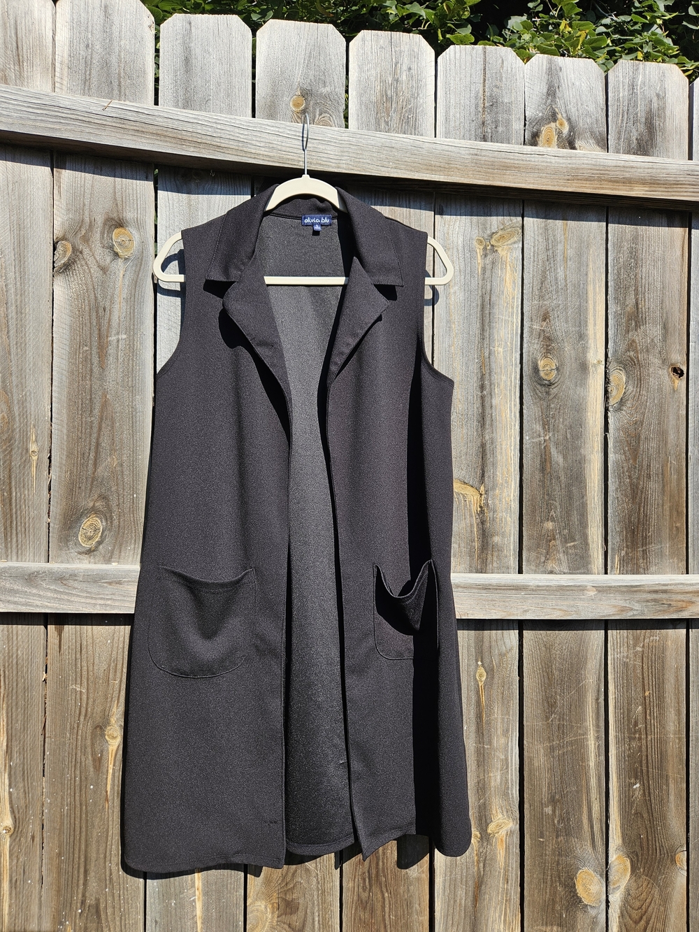 Olivia Blu Longline Vest Duster Small Black Notch Collar Pockets Lightweight